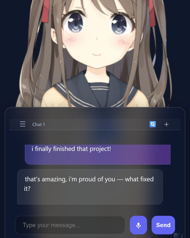 The WaifuAI app: an animated Live2D anime character above a live chat with voice input.