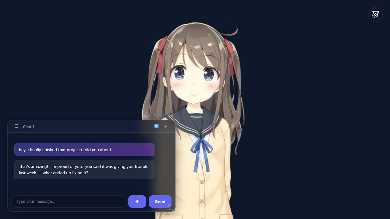 The WaifuAI app running: an animated Live2D anime character with a live chat conversation and voice input below her.